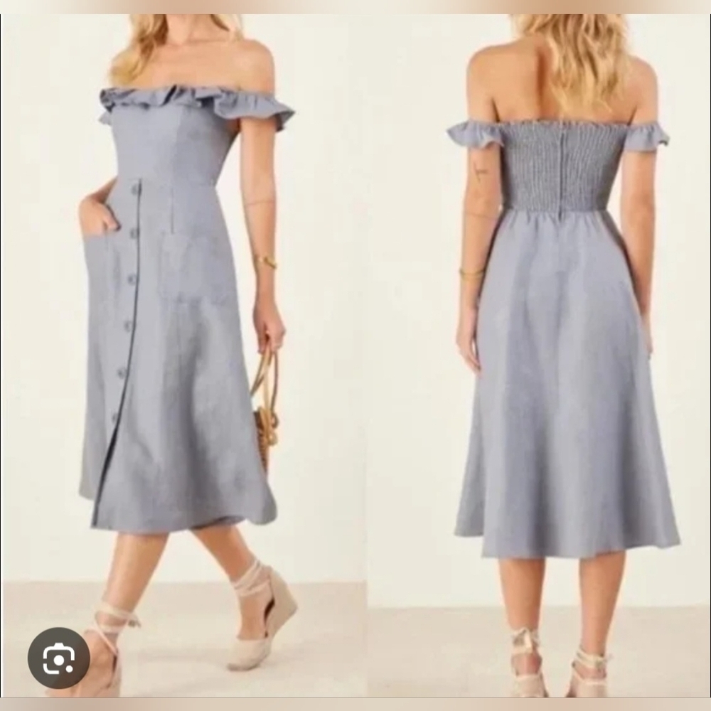 Reformation Hattie Button Down 100% Linen Womans Flare Dress, Size 2